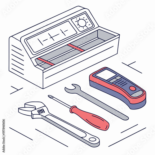 Set of workshop tools and electrical testing equipment with screwdriver multimeter handtools workshop maintenance equipment adjustable electric mechanical industry hardware construction