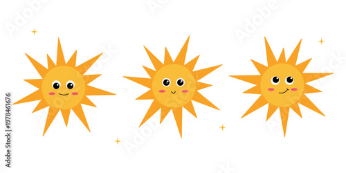 Set of three cute sun characters with smiling faces and rosy cheeks. Kawaii vector illustration of happy yellow suns with stars isolated on white. Perfect for kids design.