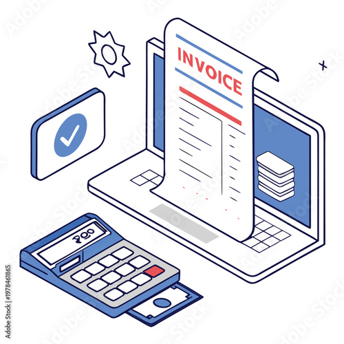 Digital invoice and online payment processing concept with laptop calculator financial documents e commerce calculator accounting transaction business e-commerce document spreadsheet software