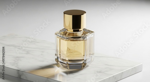 A luxurious perfume bottle with a gold cap sits on a marble surface