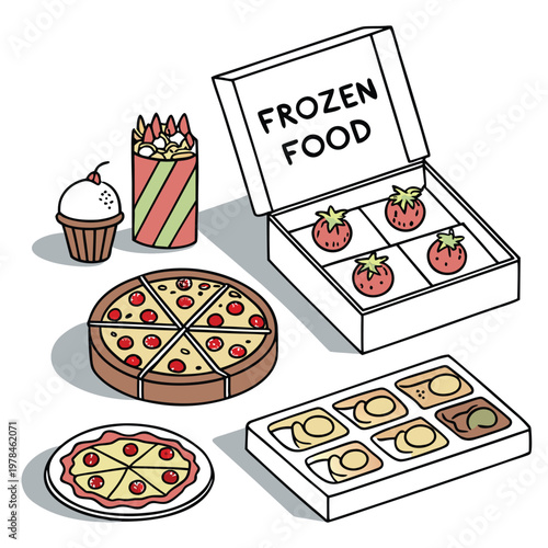 Hand-drawn illustration of assorted frozen and convenience foods including pizza strawberries french fries a cupcake a microwave meal tray with frozen food ready meal processed food fast food