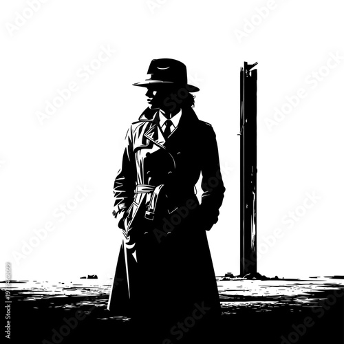 Silhouette of a Woman in Trench Coat and Fedora Hat.