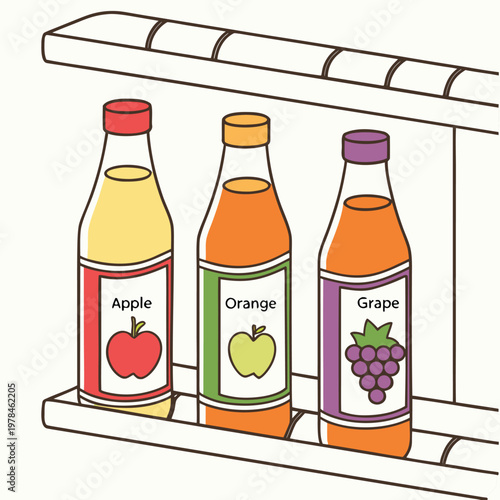 Hand-drawn illustration of three fruit juice bottles apple orange grape lined up on a refrigerator shelf with beverage illustration refreshing packaging refrigerator wellness nutrition