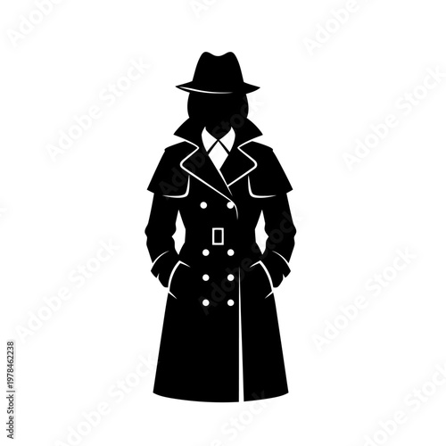 Silhouette of a Woman in Trench Coat and Fedora Hat.