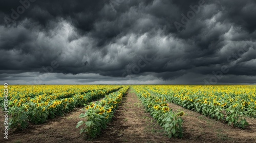 Expansive Sunflower Field Under Dramatic Dark Stormy Sky