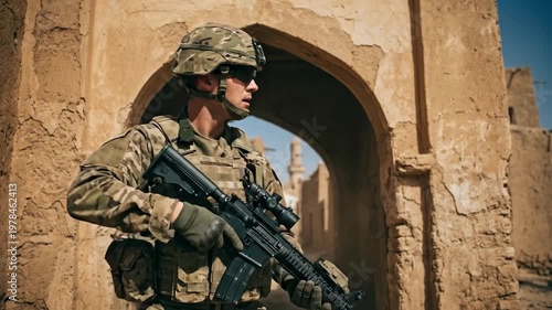 Soldier in desert uniform patrolling through a historic stone archway. Military man with rifle standing guard in ancient town