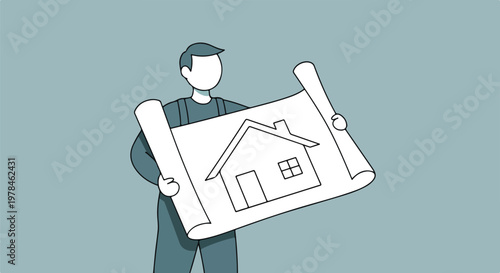 A person in overalls holds a blueprint of a house, representing home construction and architectural planning.