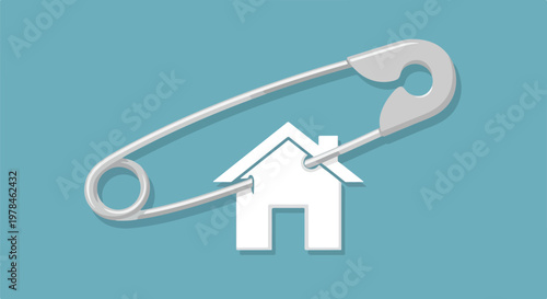 A large safety pin secures a small white house symbol against a solid blue background, symbolizing protection.