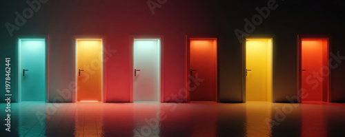 Row of colorful doors on dark wall representing choice opportunity and decision making concept