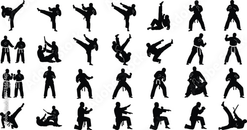 Collection of black silhouette martial arts figures performing various combat poses and techniques