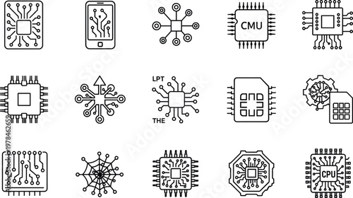 Collection of electronic circuit board and chip icons with various designs microchip