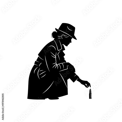 Silhouette of a Woman in Trench Coat Examining Evidence.
