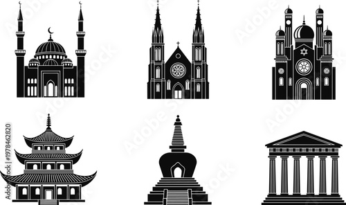 Collection of six black silhouette religious and historical buildings on white background