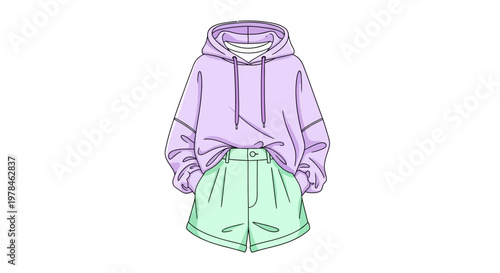 Purple Hoodie and Green Shorts Outfit.
