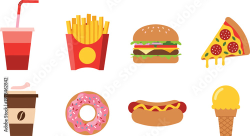 Collection of stylized fast food and drink icons on white background food icons burger