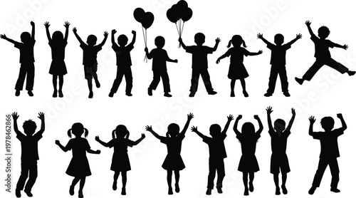 Diverse group of children silhouettes with arms raised in celebration and joy kids