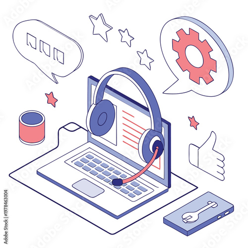 Isometric illustration of customer service and technical support with a laptop headset chat bubble rating stars gear icon thumbs up for online assistance thumbs up customer technical assistance