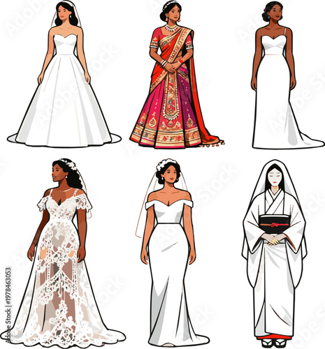 Isolated a kinds of deferent woman in a wedding dress vector art with white background.