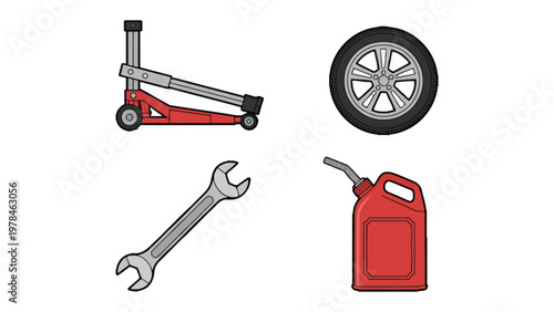 Automotive Essentials: A set of essential automotive tools and equipment displayed, representing the core components and tools critical for vehicle maintenance and repair.
