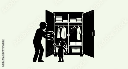Father and child in wardrobe closet.