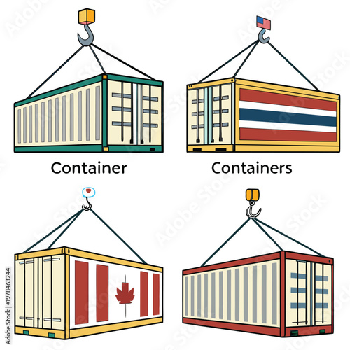 Collection of shipping containers hanging from crane hooks plain thai flag canadian flag designs with supply chain shipping industry line art shipping container transport logistics internationa