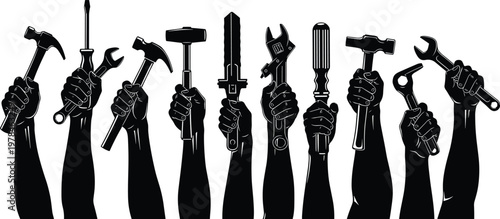Multiple Black Silhouetted Arms Holding Various Hand Tools Against White Background