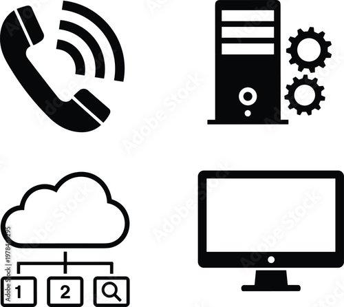 Set of black technology and communication icons on white background computer