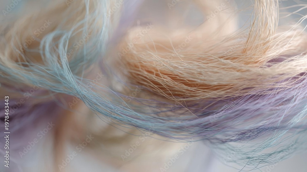 Fototapeta premium Close-up of a hair texture. the hair appears to be flowing in different directions, creating a sense of movement and energy. the colors of the hair are pastel, with shades of blue, pink, and purple.