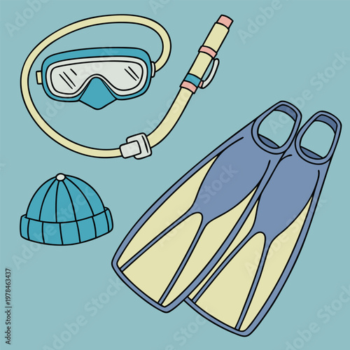 Snorkeling gear including a mask snorkel fins a swim cap with water sports snorkeling swimming underwater equipment activity illustration vacation recreation accessories collection
