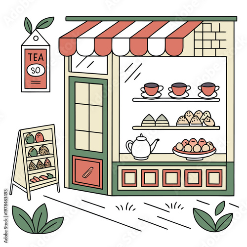 Charming storefront of a tea shop displaying cakes pastries hot beverages with small business food and drink shop front coffee shop outdoor seating storefront pastries beverages charming