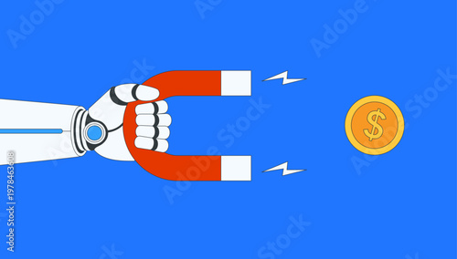 Robotic hand holds a magnet that attracts money. Concept of investing in artificial intelligence. Vector illustration.