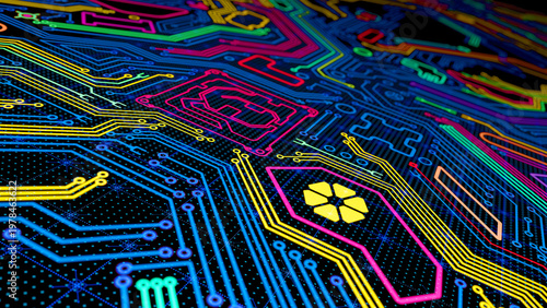 Glowing Electronic Microcircuit Abstract Background. 3D illustration	