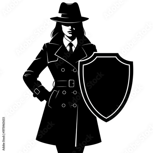 Silhouette of a woman in trench coat holding a shield.