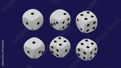 Six white dice with black pips displayed in two rows against a dark blue background