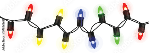 String of festive red yellow blue and green Christmas lights on a white background