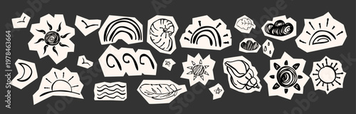 Summer doodle sticker set with abstract sun, rainbow, seashells, clouds, stars, playful shapes in black and white sketch ink style for planners, scrapbooking, social media, and seasonal design. Vector