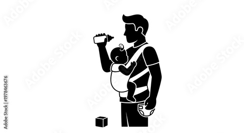 Father holding baby in carrier.