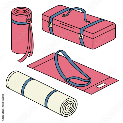 Collection of pink and beige rolled and flat exercise mats with a carrying bag suitable for yoga pilates camping or fitness activities physical activity exercise equipment recreation healthy life