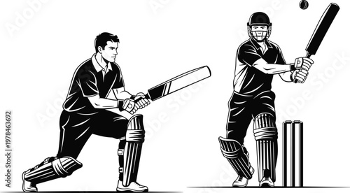 Two black and white illustrations of male cricket players in action on a white background