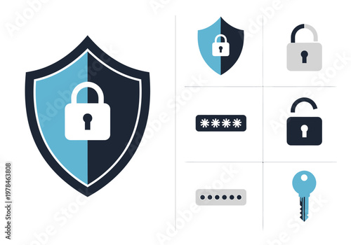 Security icons set shields locks keys and passwords for data protection