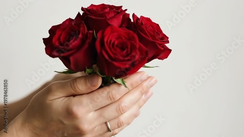 Woman holding red roses bouquet. Romantic flower gift for valentines day. Floral arrangement tied with twine. Close up of female hand giving flowers for anniversary celebration or romantic surprise