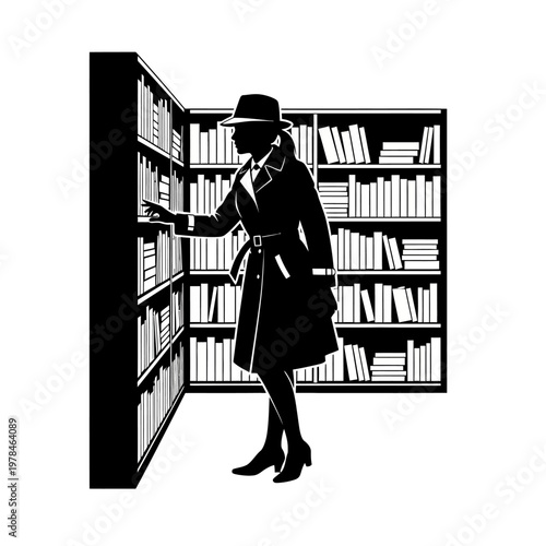 Silhouette of a Woman in Trench Coat Reaching for Book.