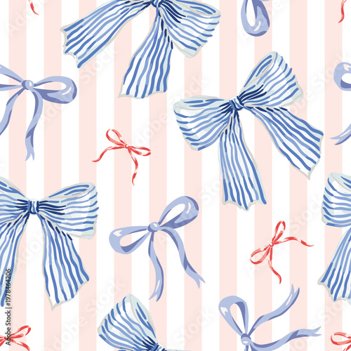 Blue, red bows, blush pink and white striped background. Vector illustration. Seamless pattern. Trendy decor