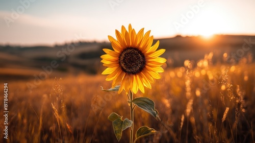 Vibrant sunflower blooming at sunset on an open countryside field