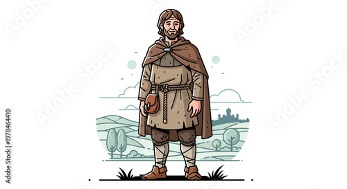 Medieval man in a cloak standing outdoors.
