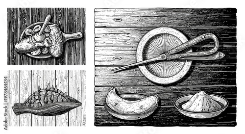 Vintage kitchen utensils and food ingredients.