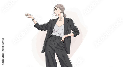 A woman in a stylish black suit.