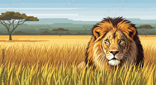 majestic lion resting in savannah grasslands.