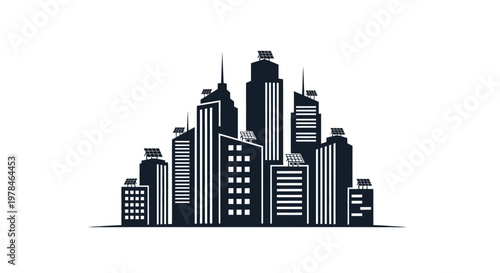 City skyline with tall buildings.