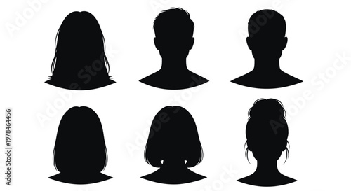 A collection of six black silhouettes depicting diverse hairstyles and human head profiles